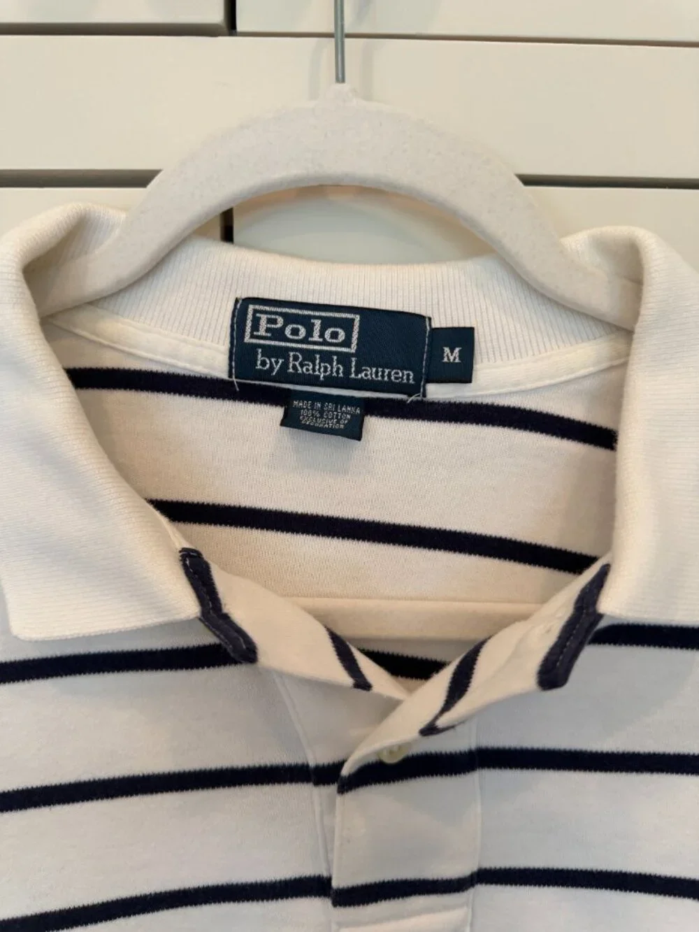 Polo Ralph Lauren White and Navy Striped Cotton Polo Shirt | Size M